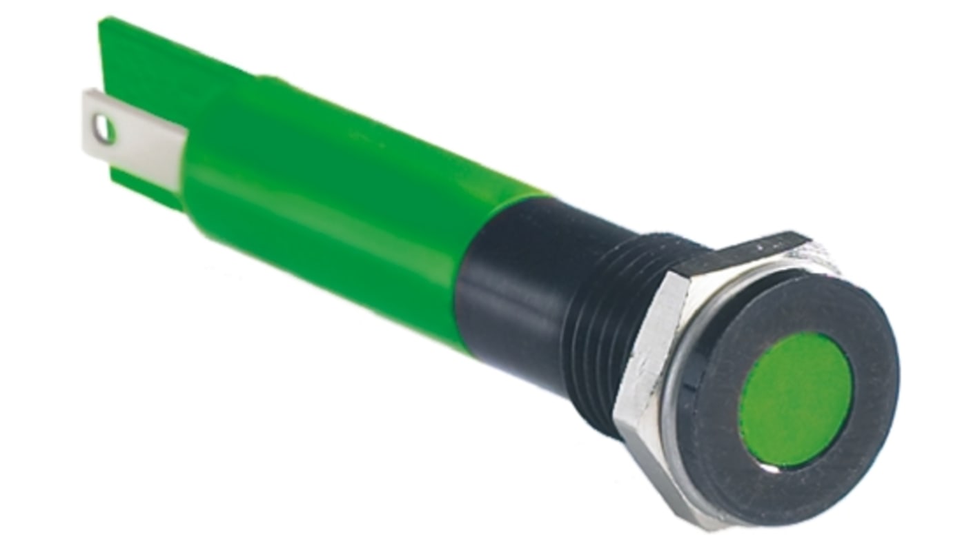 Indicador LED RS PRO, Verde, lente enrasada, Ø montaje 6mm, 12V dc, 20mA, 8mcd, IP67