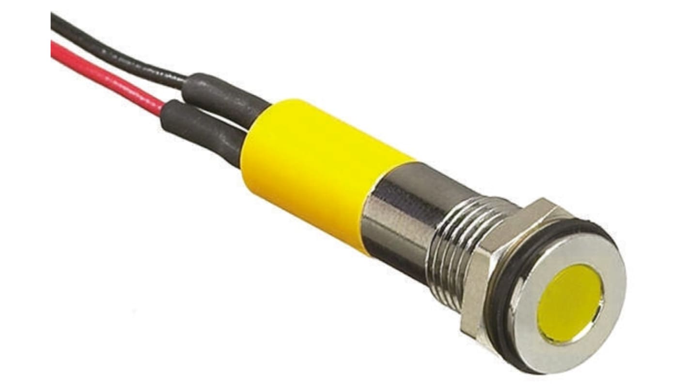 RS PRO Yellow Panel Mount Indicator, 2V dc, 8mm Mounting Hole Size, Lead Wires Termination, IP67