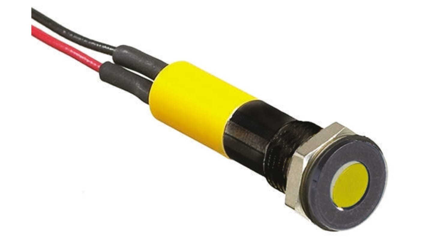 RS PRO Yellow Panel Mount Indicator, 12V dc, 6mm Mounting Hole Size, Lead Wires Termination, IP67