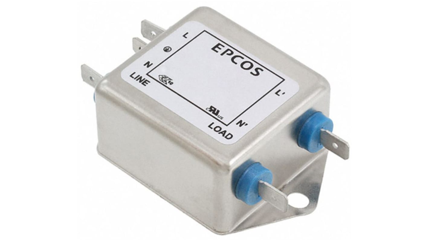 EPCOS B84111F EMV-Filter, 250 V ac/dc, 20A, Flanschmontage, Flachstecker, 1-phasig 0,369 mA / 60Hz Single Stage Zustände