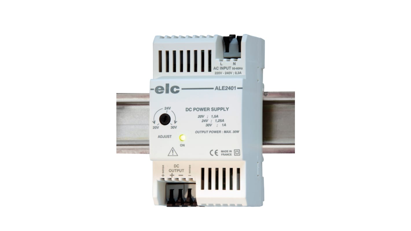 ELC Switch Mode DIN Rail Power Supply, 190 → 264V ac ac Input, 24V dc dc Output, 1.25A Output, 30W