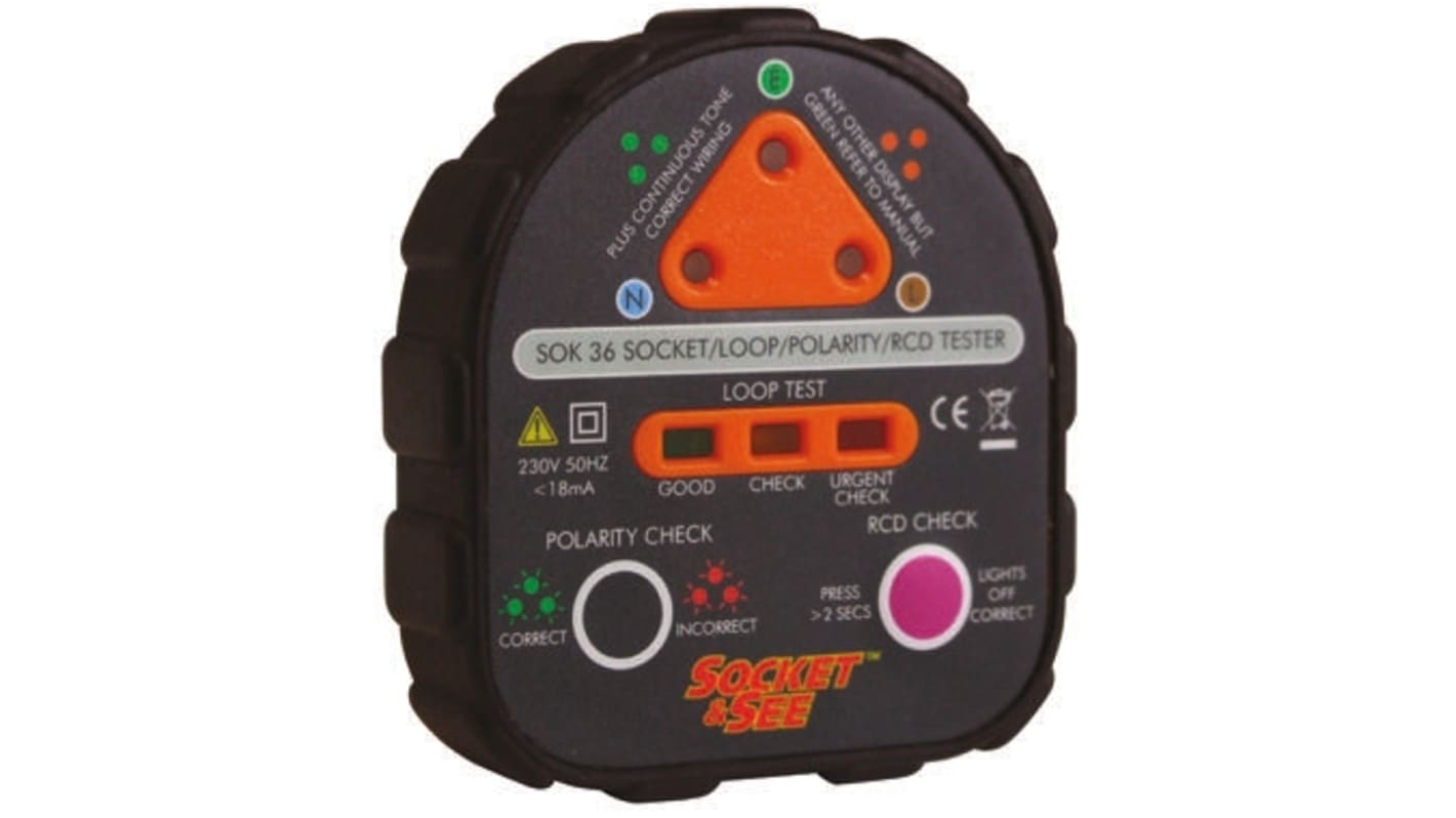 Socket & See SOK 36 LED Steckdosentester mit akustischem Alarm, 230V ac / 13A