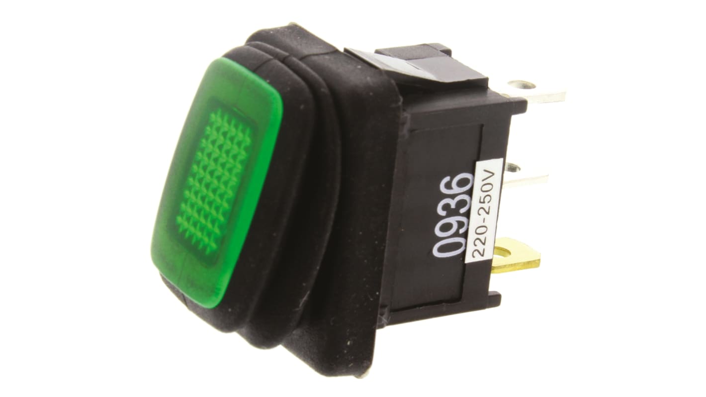 Interruptor de balancín, KRE2AEA2GBB, Contacto SPST, On-Off, 16 A, Iluminado, Verde, IP65