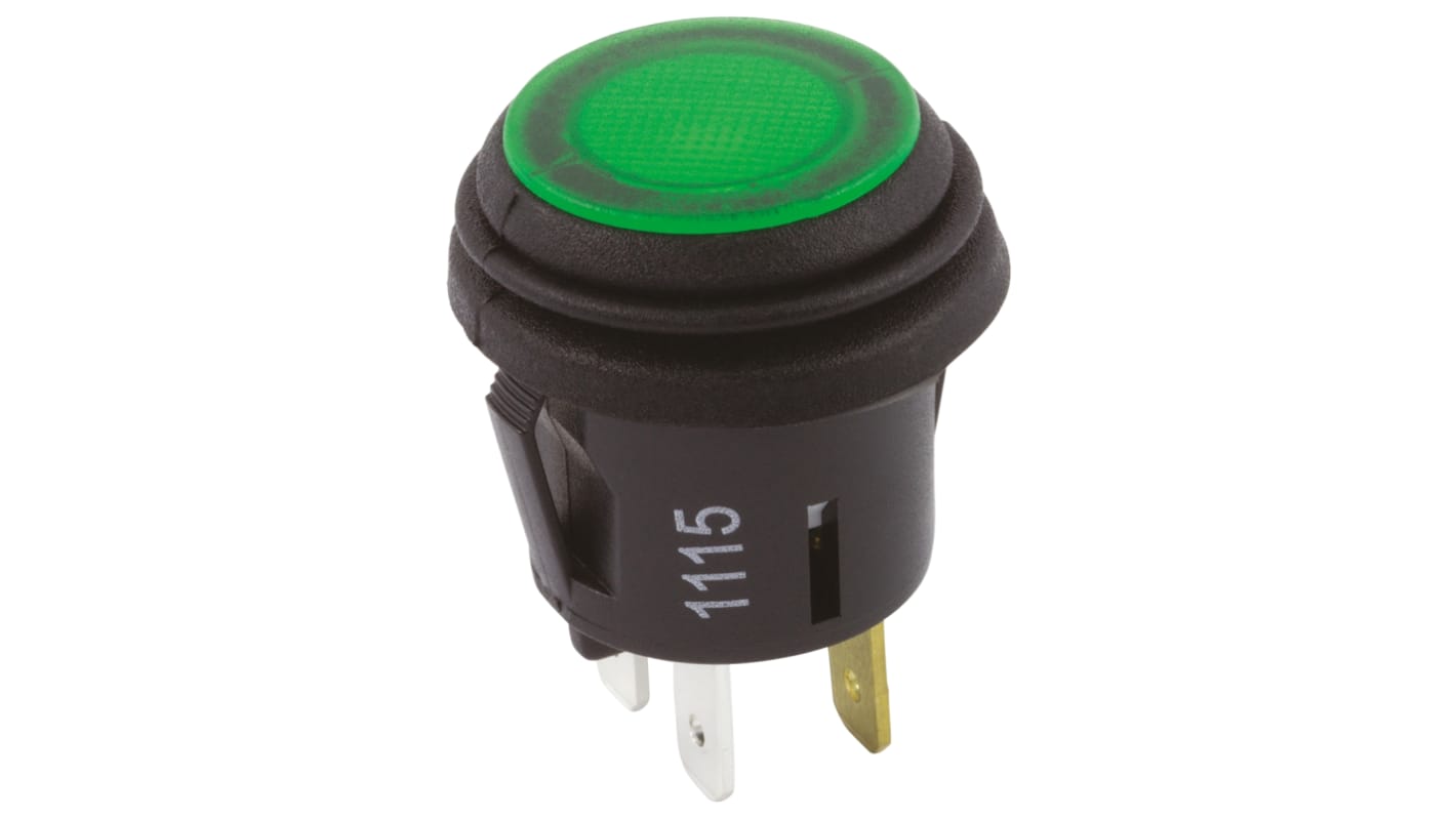 ZF Illuminated Push Button Switch, Latching, Panel Mount, 20.2mm Cutout, SPST, Green LED, 125V ac, IP65