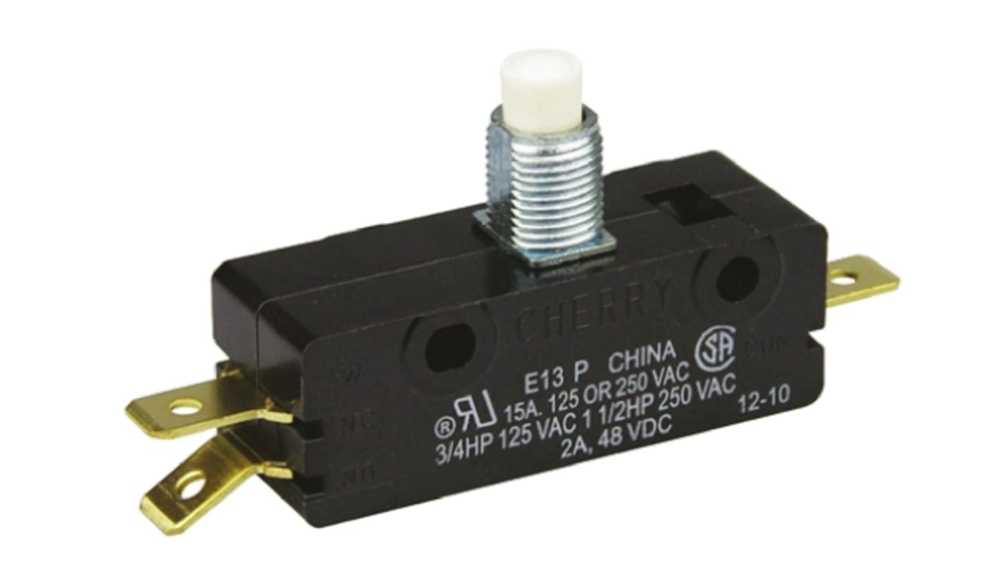 E13-00J | ZF Button Micro Switch, Tab Terminal, 15 A @ 250 V ac, SPDT | RS