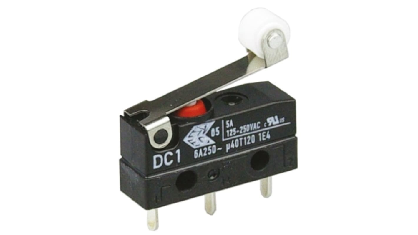 ZF Short Roller Lever Micro Switch, PCB Terminal, 6 A @ 250 V ac, SPDT, IP6K7