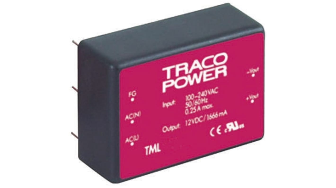 TRACOPOWER Switching Power Supply, TML 40512, 5 V dc, ±12 V dc, 5 A, 600 mA, 40W, Triple Output, 100 → 375 V dc,