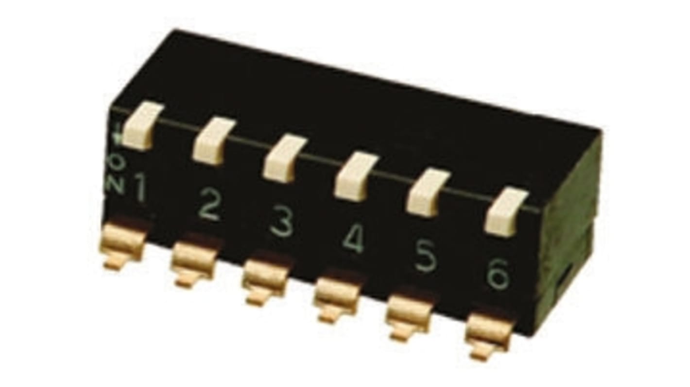 DIP switch, 1-polet, , SMD, Arm 25 mA ved 24 V dc, 6-vejs, -20 → +70°C