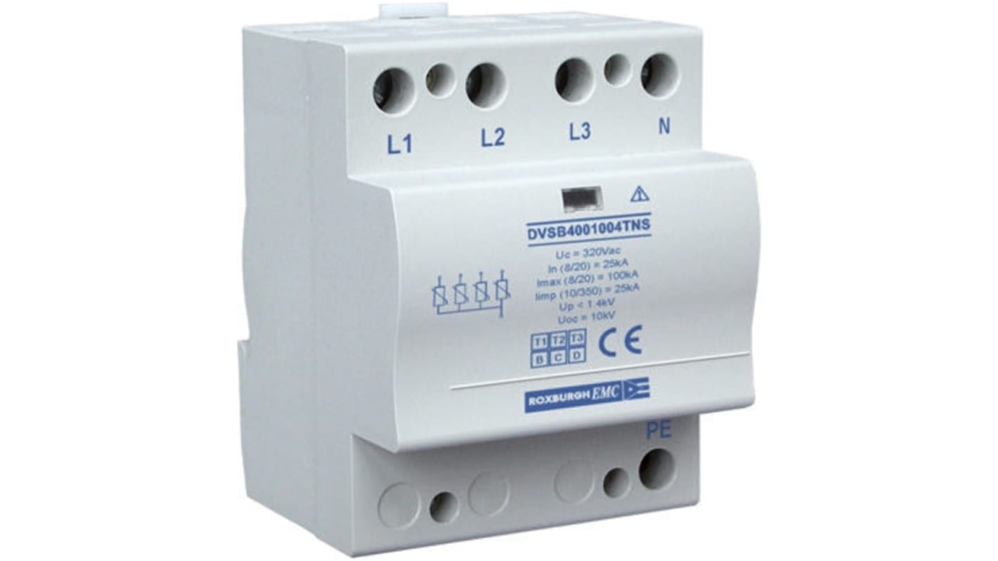 Roxburgh EMC, DVSB Surge Suppressor Unit 320 V ac, 420 V ac Maximum Voltage Rating 100kA Maximum Surge Current Type 1