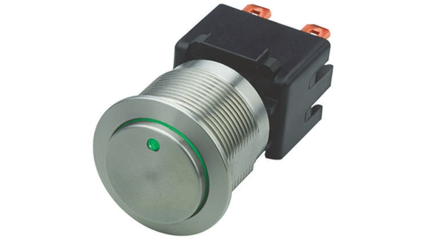 Schurter Illuminated Push Button Switch, Latching, Panel Mount, 22mm Cutout, DPDT, Green LED, 250V ac, IP64 (Front);