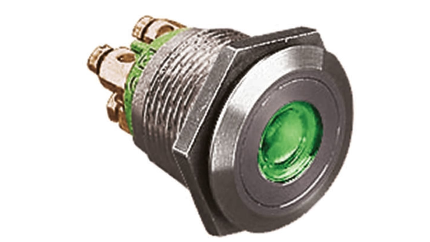 Bulgin MPI001 Series Illuminated Push Button Switch, Momentary, Panel Mount, 19.2mm Cutout, SPST, Green LED, 24V dc,