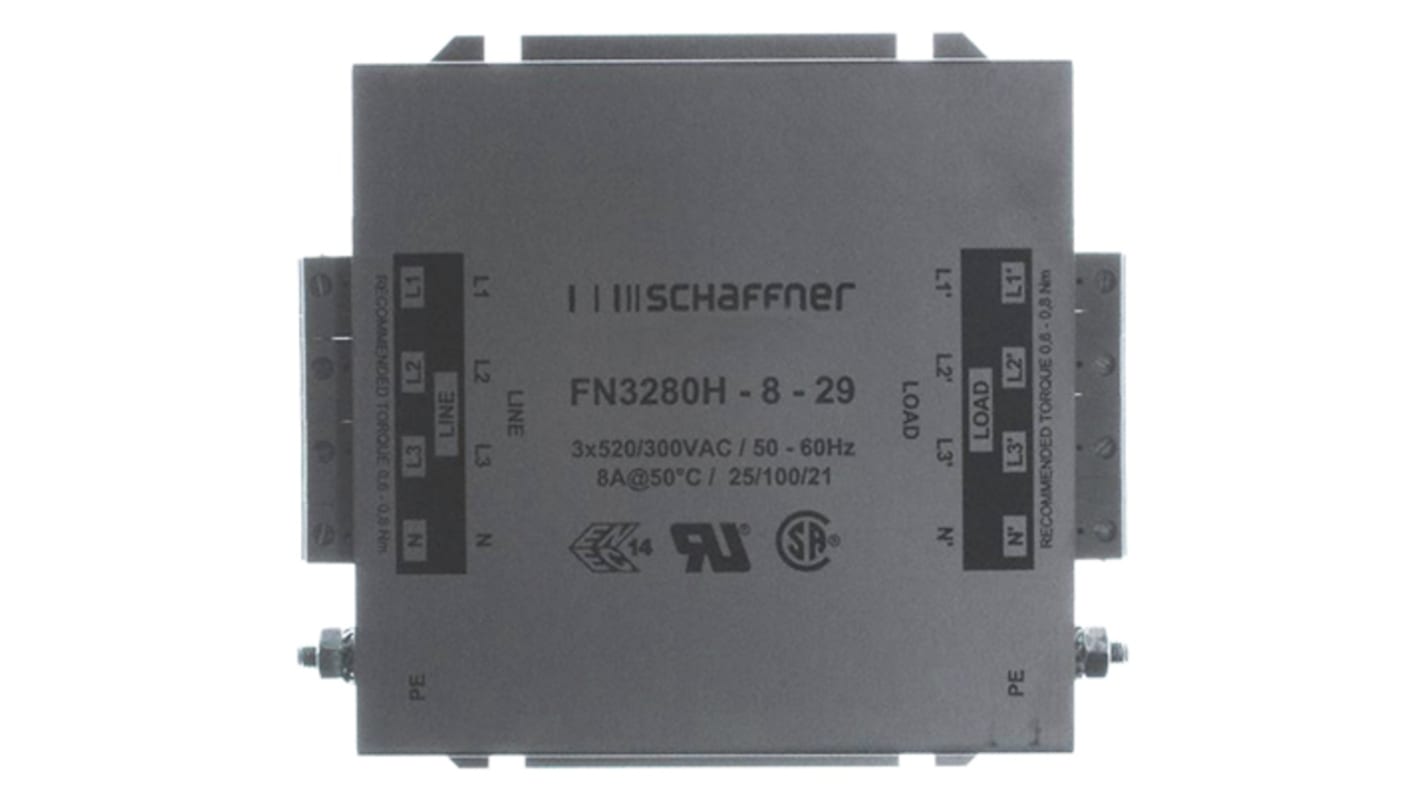 Schaffner FN3280 EMV-Filter, 520/300 V-AC, 8A, Gehäusemontage 2.7W, Anschlussblock, 3-phasig 1 mA / 60Hz