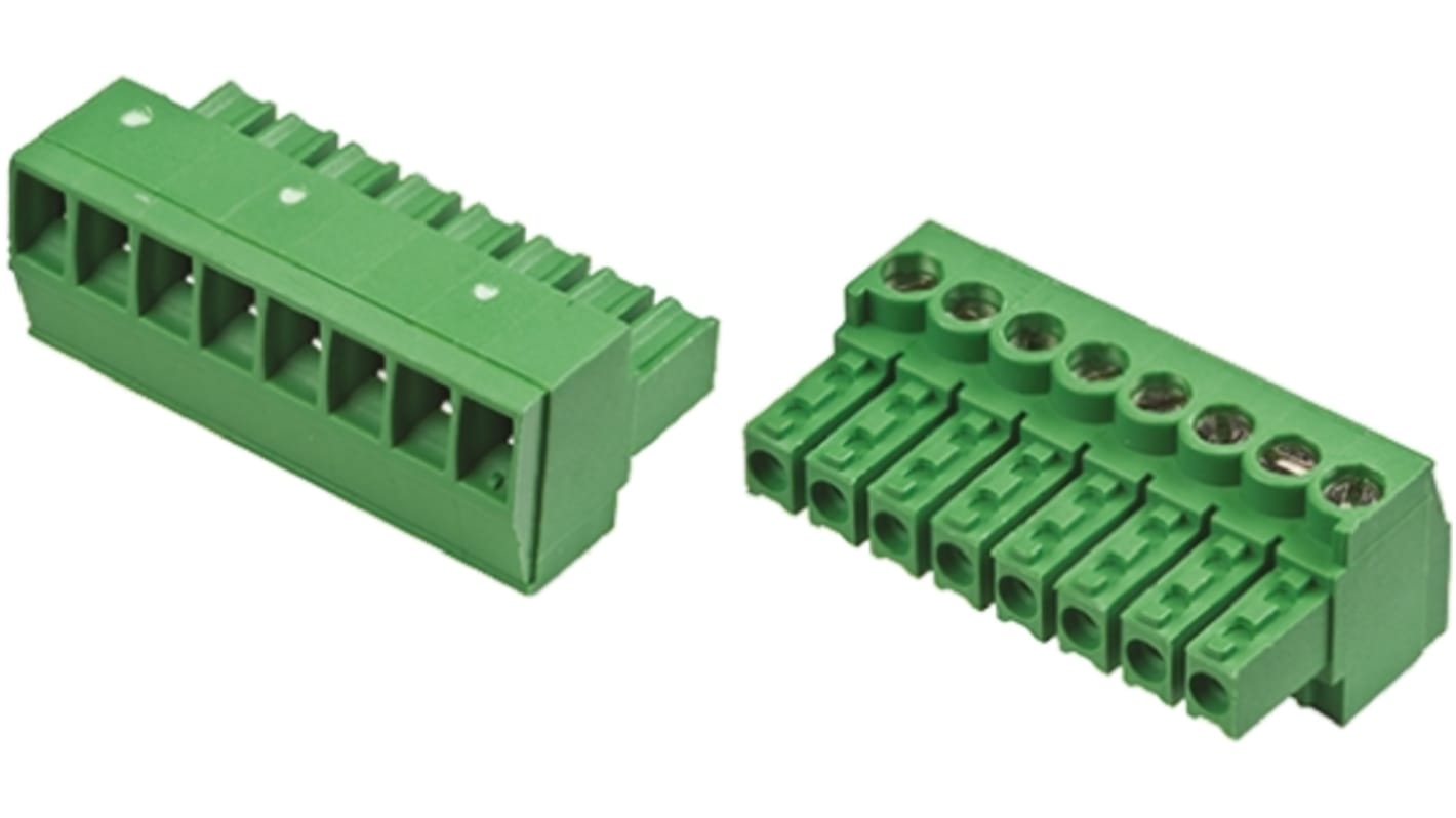 Borne enchufable para PCB Ángulo de 90° TE Connectivity de 8 vías , paso 3.5mm, 11A, de color Verde, montaje de cable,