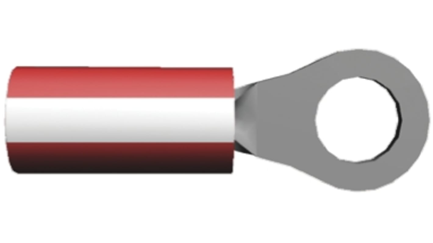 TE Connectivity, PIDG Insulated Ring Terminal, M4 (#8) Stud Size, 0.26mm² to 1.65mm² Wire Size, Red, White