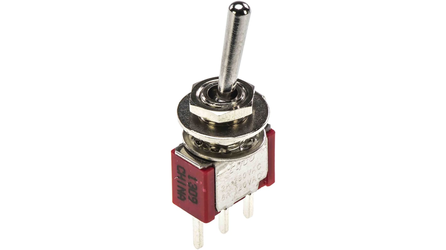 TE Connectivity Toggle Switch, PCB Mount, (On)-Off-(On), SPDT, Through Hole Terminal, 120 V ac, 28V dc