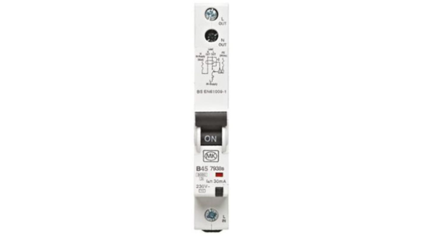 MK Electric RCBO, 45A Current Rating, 1P Poles, Type B