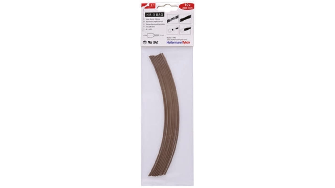 HellermannTyton Heat Shrink Tubing, Brown 1.5mm Sleeve Dia. x 200mm Length 3:1 Ratio, HIS-3 BAG Series