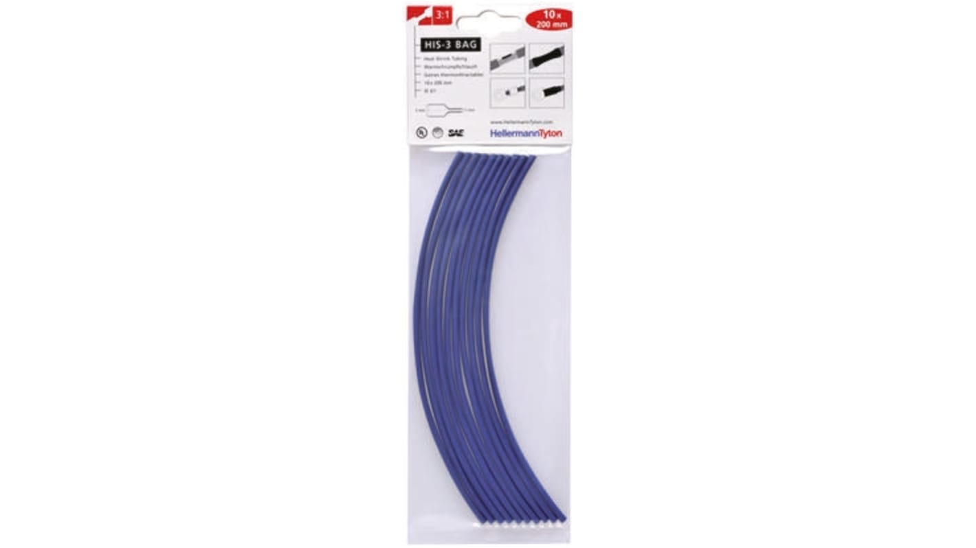 HellermannTyton Heat Shrink Tubing, Blue 3mm Sleeve Dia. x 200mm Length 3:1 Ratio, HIS-3 BAG Series