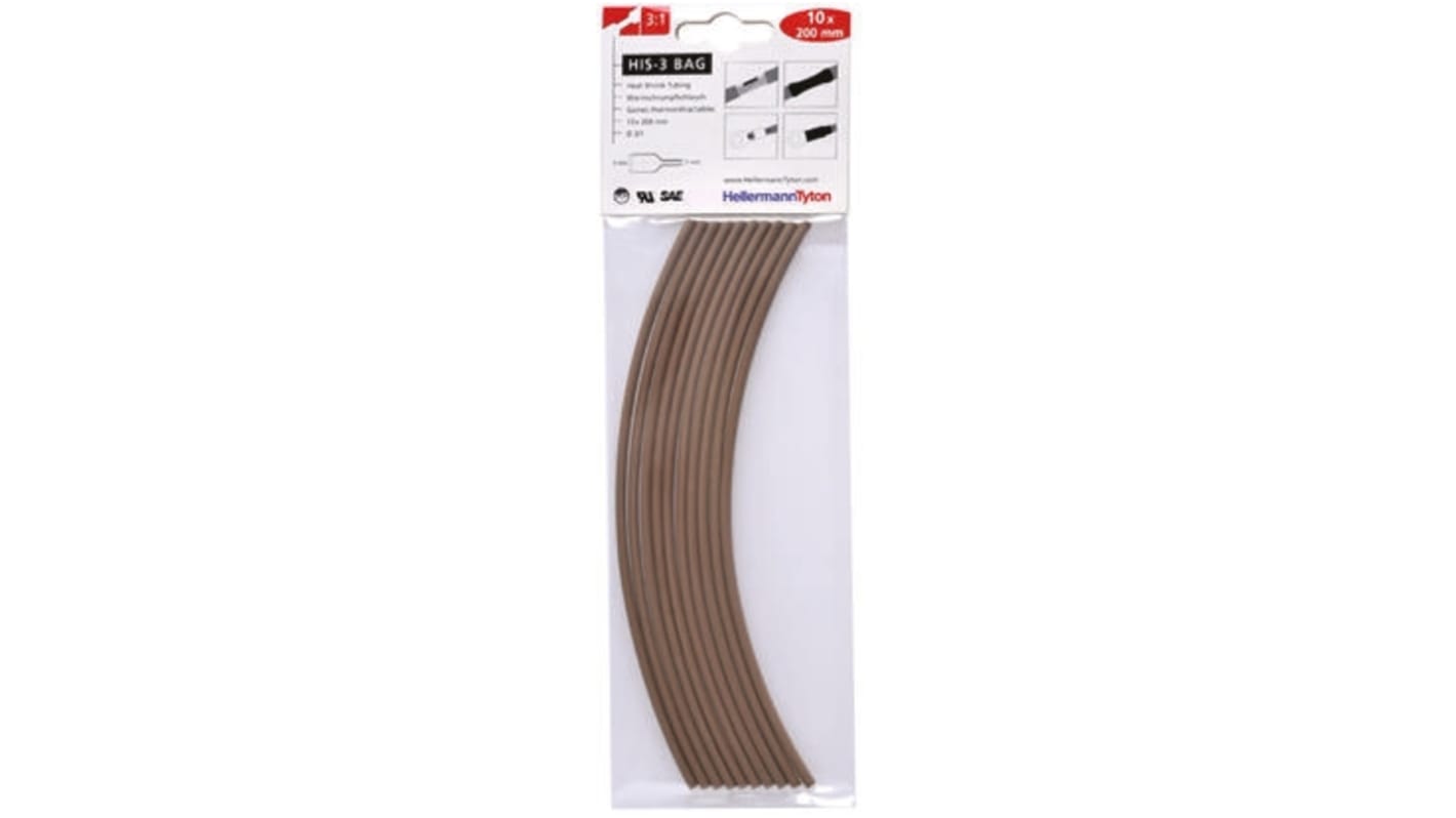 HellermannTyton Heat Shrink Tubing, Brown 3mm Sleeve Dia. x 200mm Length 3:1 Ratio, HIS-3 BAG Series