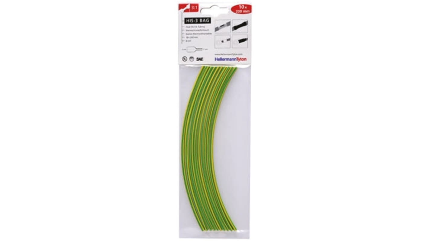 HellermannTyton Heat Shrink Tubing, Green 3mm Sleeve Dia. x 200mm Length 3:1 Ratio, HIS-3 BAG Series