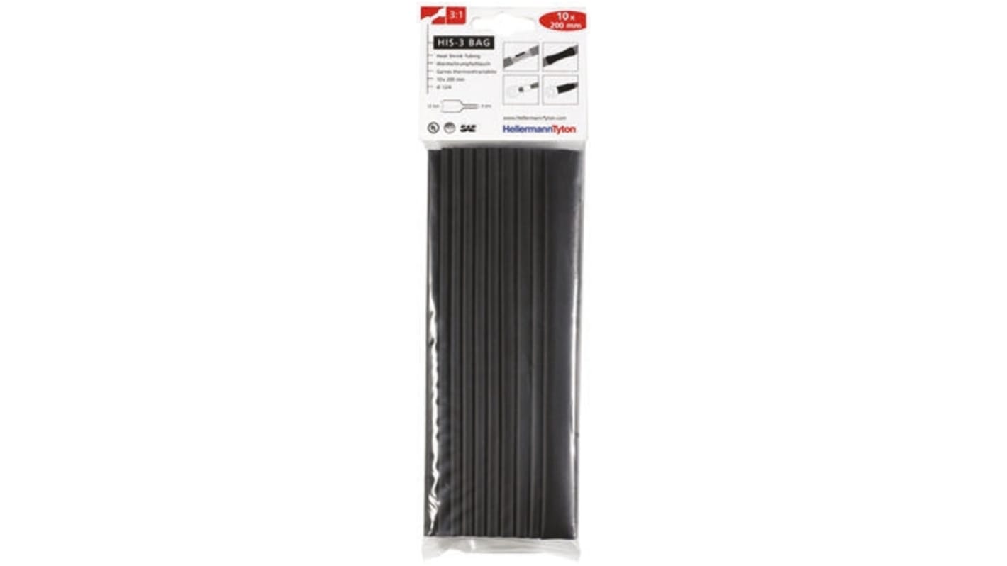 HellermannTyton Heat Shrink Tubing, Black 12mm Sleeve Dia. x 200mm Length 3:1 Ratio, HIS-3 BAG Series