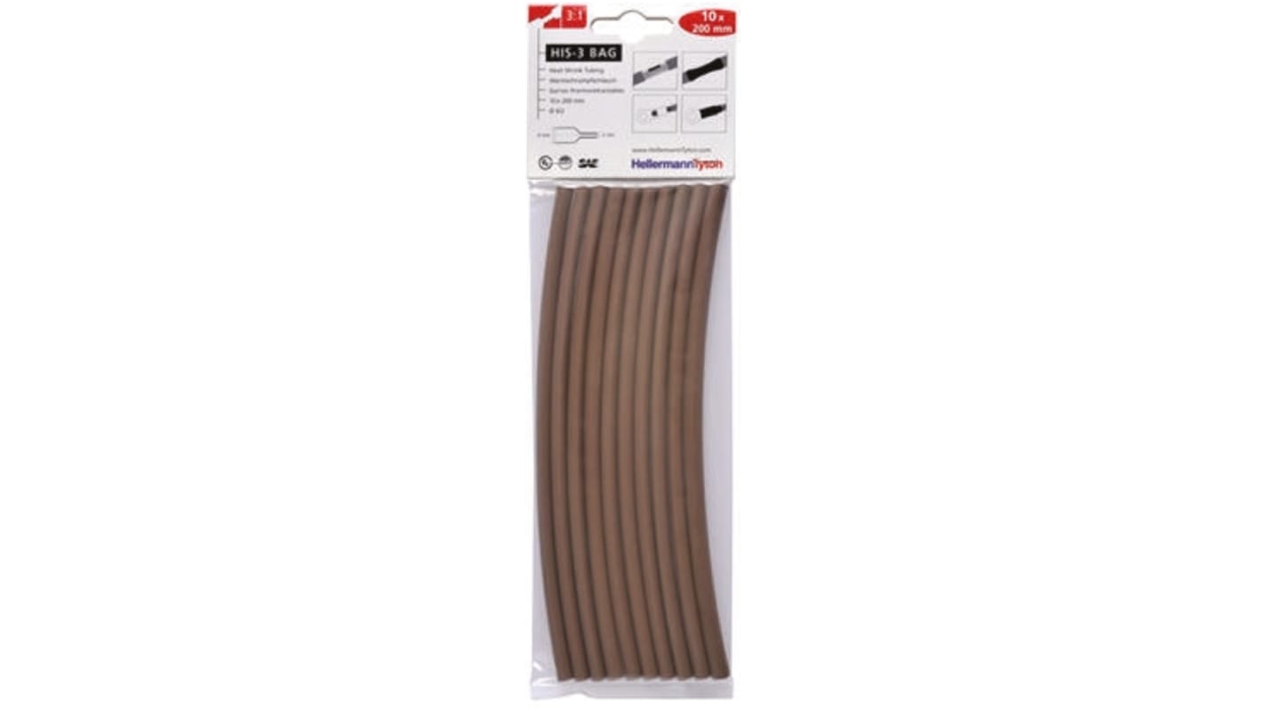 HellermannTyton Heat Shrink Tubing, Brown 6mm Sleeve Dia. x 200mm Length 3:1 Ratio, HIS-3 BAG Series