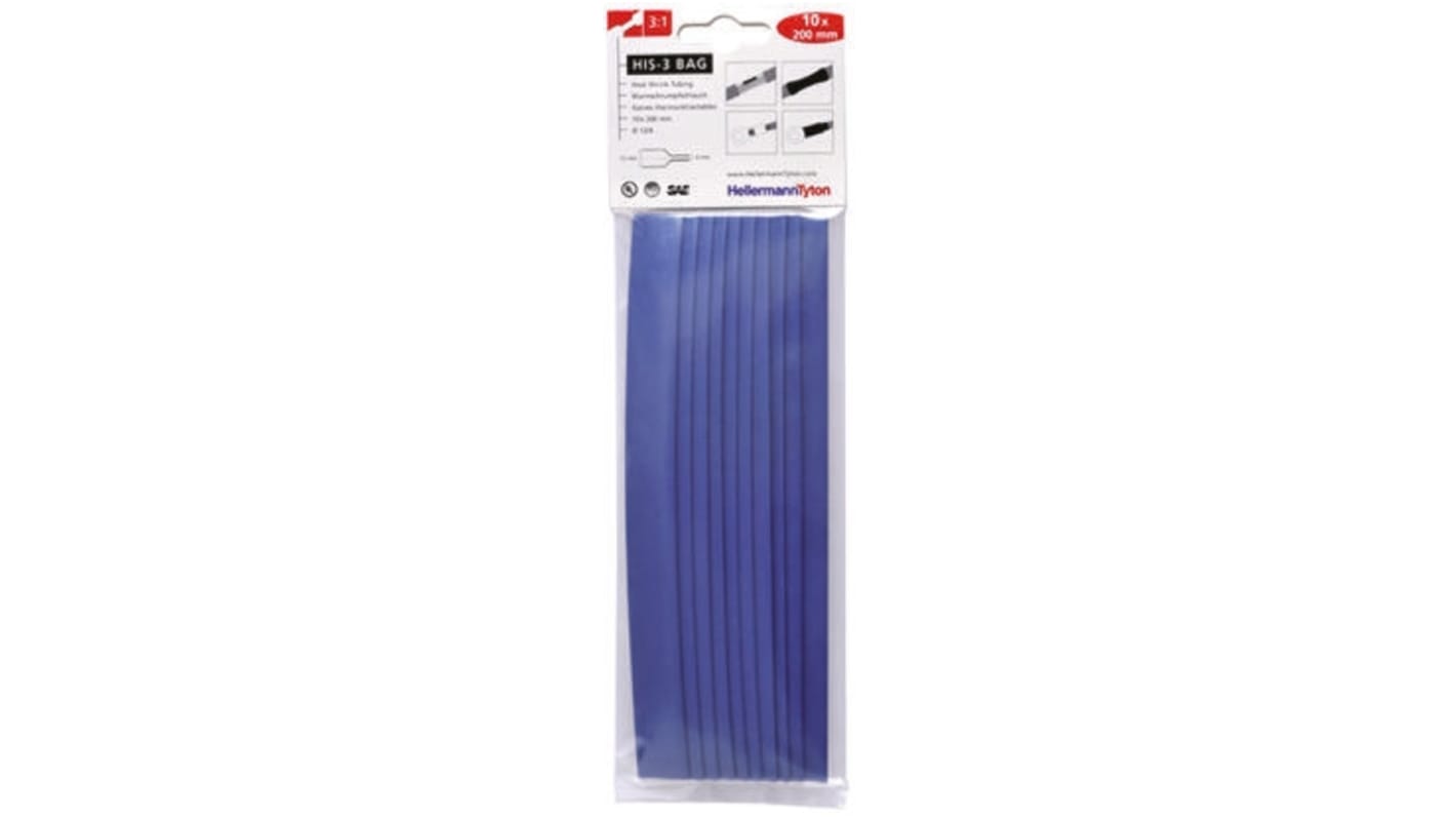 HellermannTyton Heat Shrink Tubing, Blue 12mm Sleeve Dia. x 200mm Length 3:1 Ratio, HIS-3 BAG Series