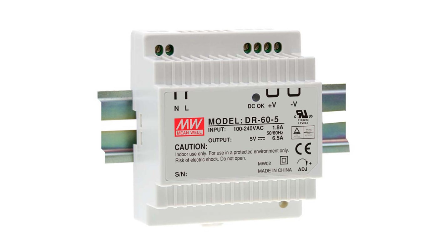 Mean Well DR Switch Mode DIN Rail Panel Mount Power Supply, 85 → 264V ac ac Input, 5V dc dc Output, 6.5A Output,