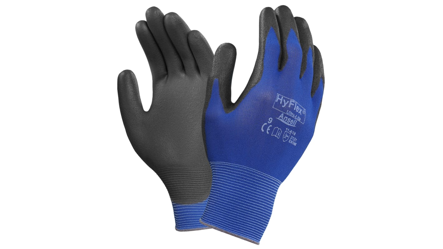 Ansell HyFlex 11-618 Blue Nylon General Purpose Work Gloves, Size 9, Polyurethane Coating