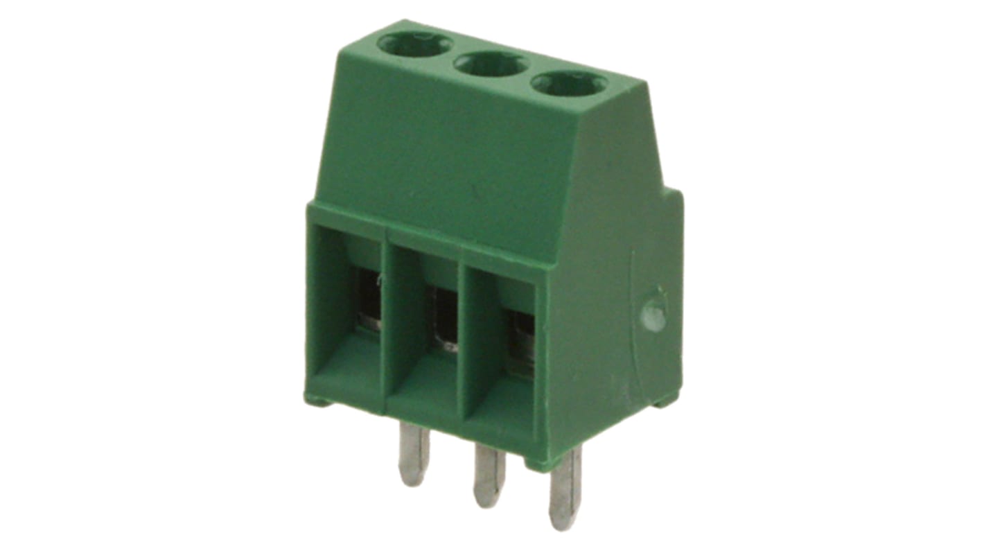 Borne para PCB TE Connectivity de 3 vías , paso 2.54mm, 10A, de color Verde, montaje Montaje en orificio pasante,