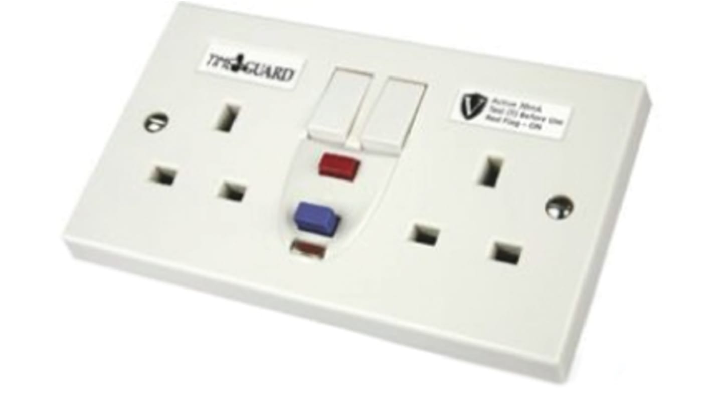 Valiance 13A, BS Fixing, Active, 2 Gang RCD Socket, Surface Mount, Switched, 230 V ac, White