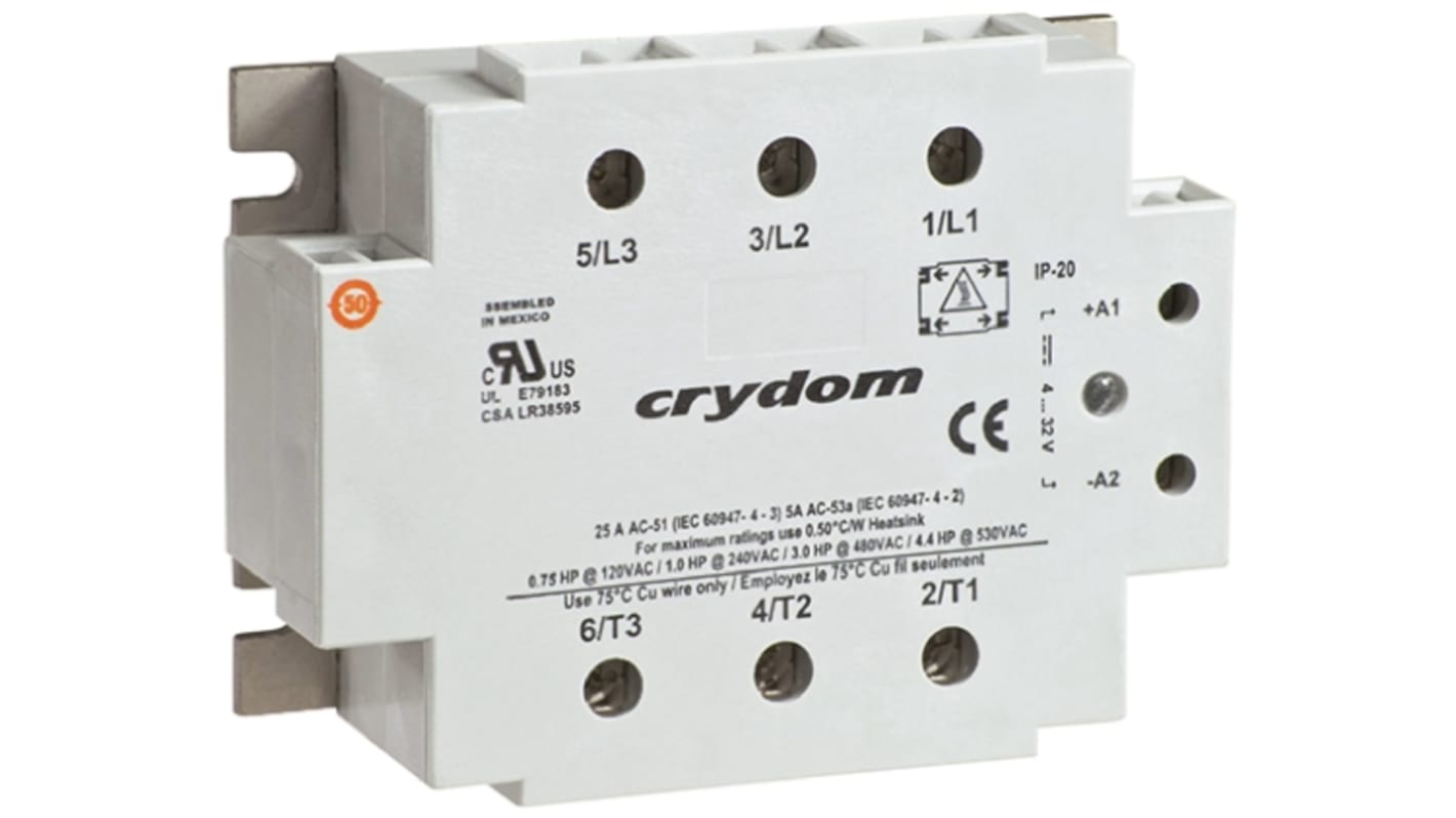 Relé de estado sólido Sensata Crydom, control 4 → 32 Vdc, carga 48 → 530Vrms, 25 A rms máx., montaje en