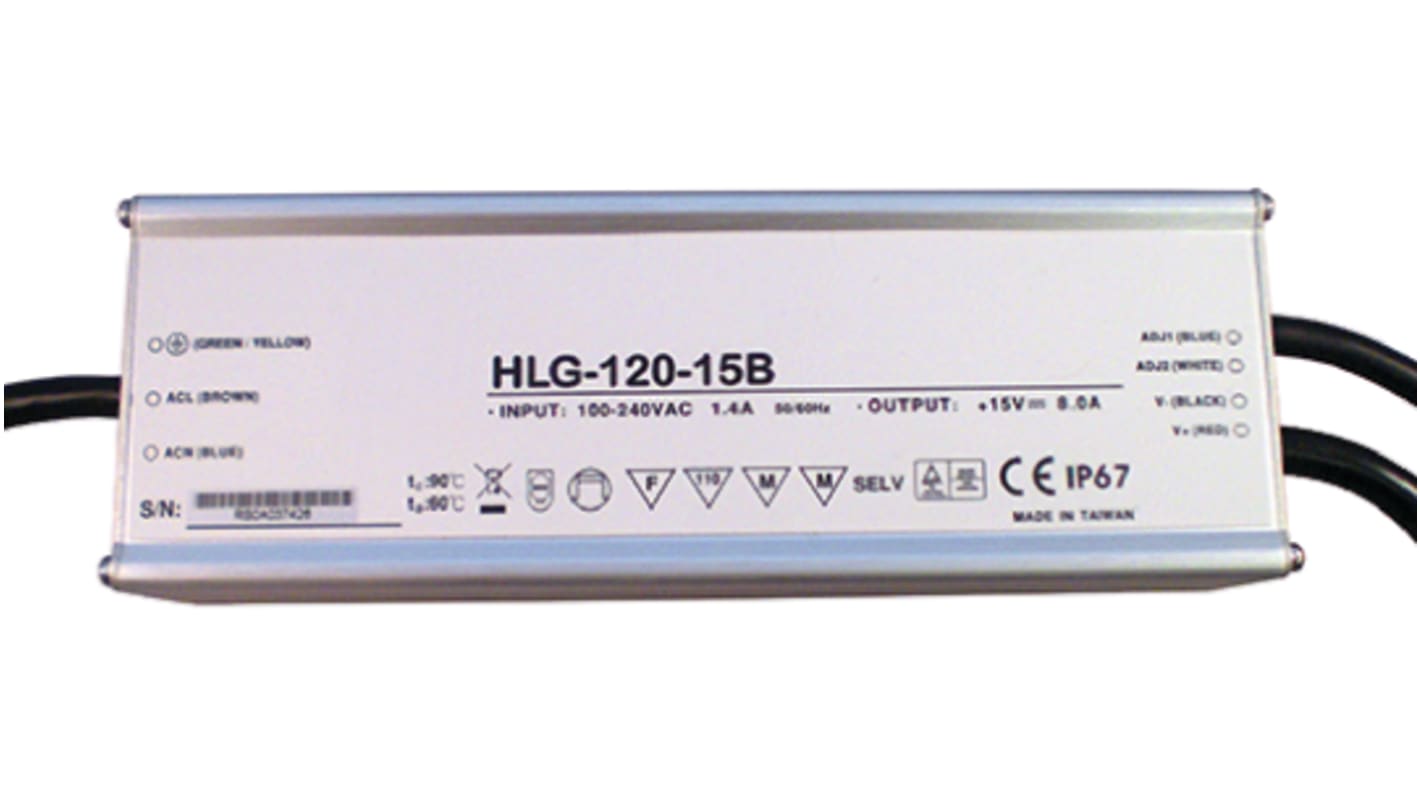 Driver LED corriente constante MEAN WELL de salidas, IN: 127 → 370 V dc, 90 → 264 V ac, OUT: 15V, 8A,