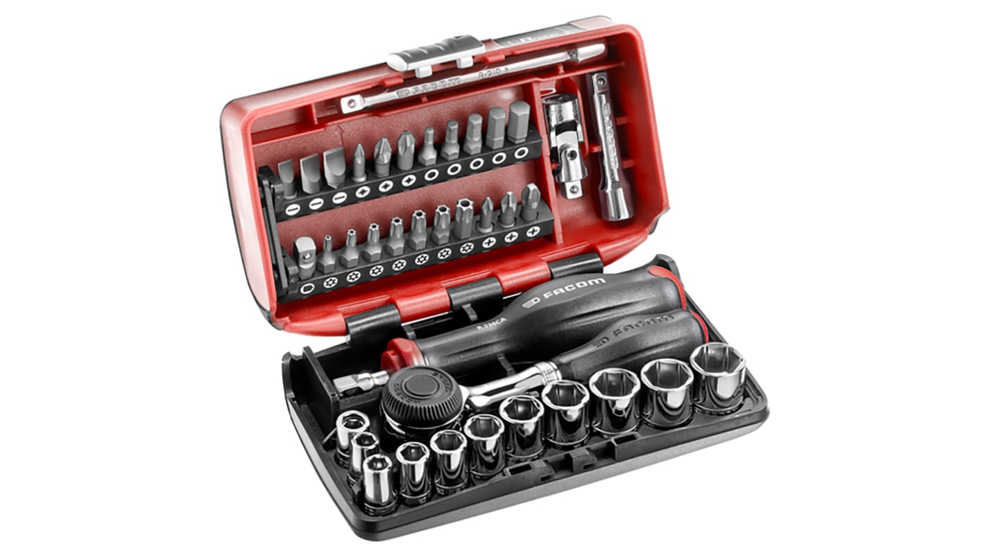 Facom 38-Piece Metric 1/4 in Standard Socket/Bit Set with Ratchet, 6 point; Hex Bit; Phillips Bit; Pozidriv Bit;