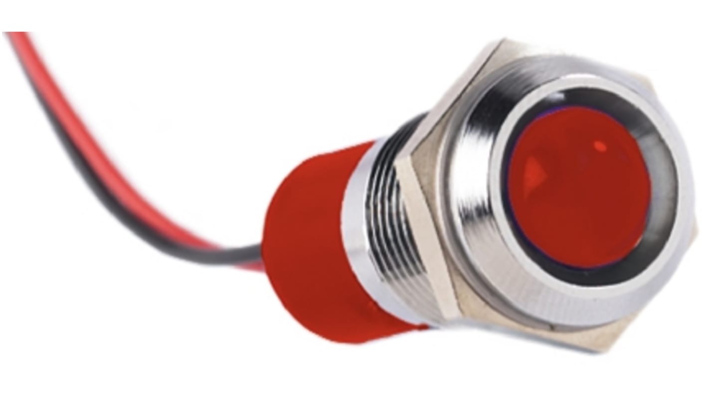 RS PRO Red Panel Mount Indicator, 12V dc, 14mm Mounting Hole Size, Lead Wires Termination, IP67