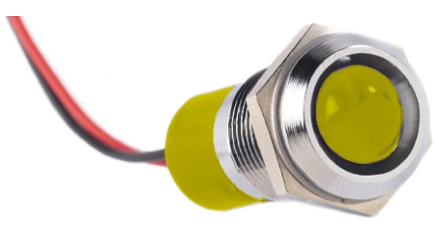 Indicador LED RS PRO, Amarillo, lente prominente, marco Cromo, Ø montaje 14mm, 220V ac, 3mA, 30mcd, IP67