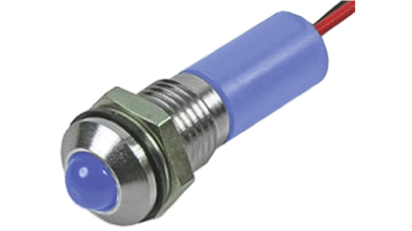 Indicador LED RS PRO, Azul, lente prominente, marco Cromo, Ø montaje 6mm, 12V dc, 20mA, 65mcd, IP67