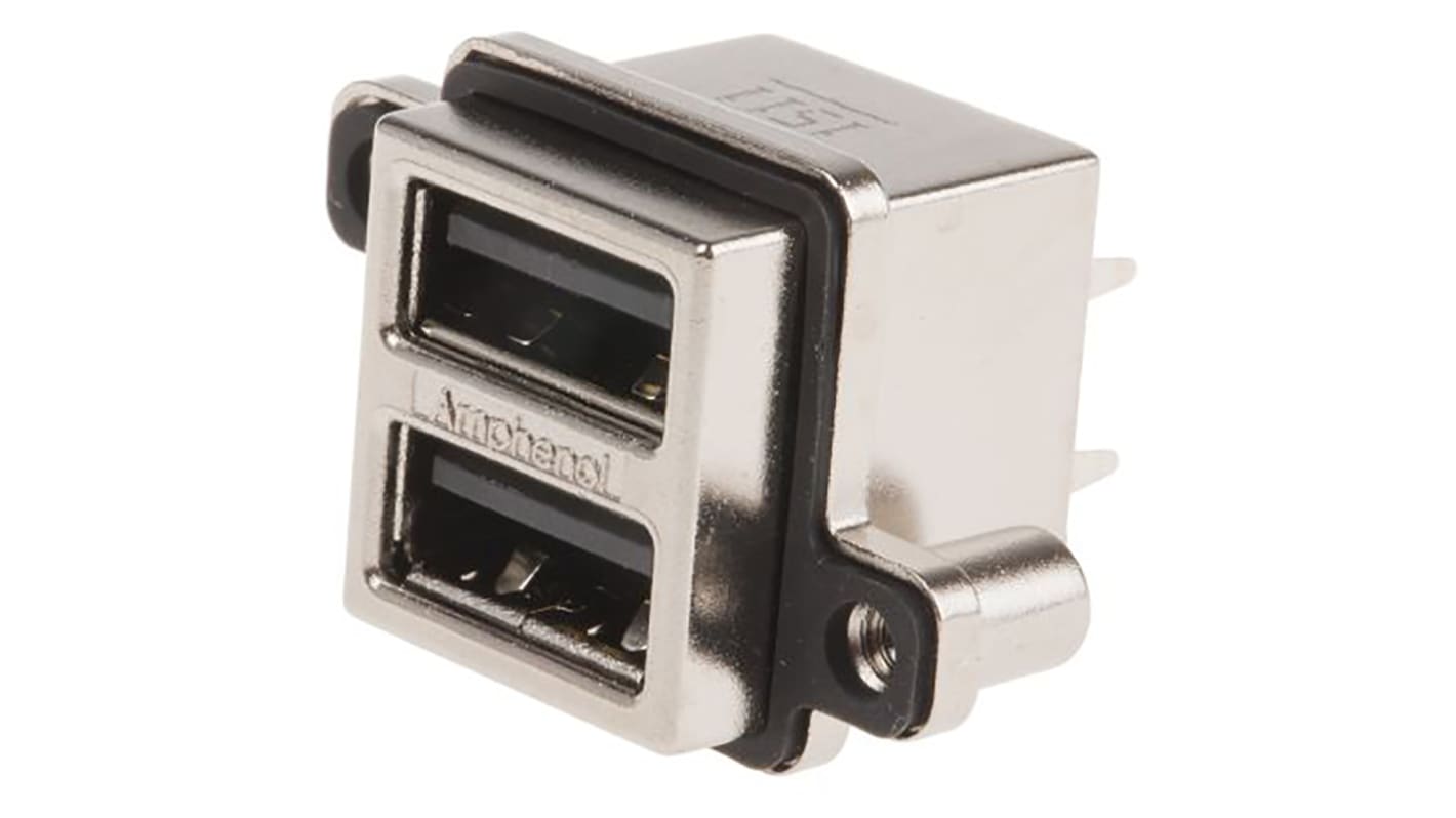 Conector USB Amphenol ICC MUSBC51100, Hembra, 2 puertos, Recto, Montaje en orificio pasante, 1.5A