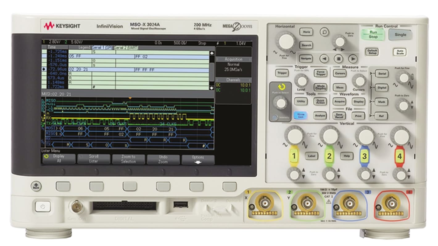 Osciloscopio de banco Keysight Technologies MSOX3024A, canales:4 A, 16 D, 200MHZ, pantalla de 8.5plg, interfaz USB