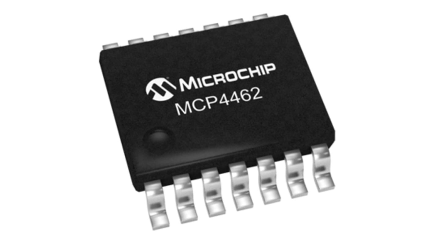 Microchip MCP4462-503E/ST digitális potenciométer, 50kΩ 257-pozíciós, Lineáris 4-potméterrel, Soros-i2C, 14-tüskés TSSOP