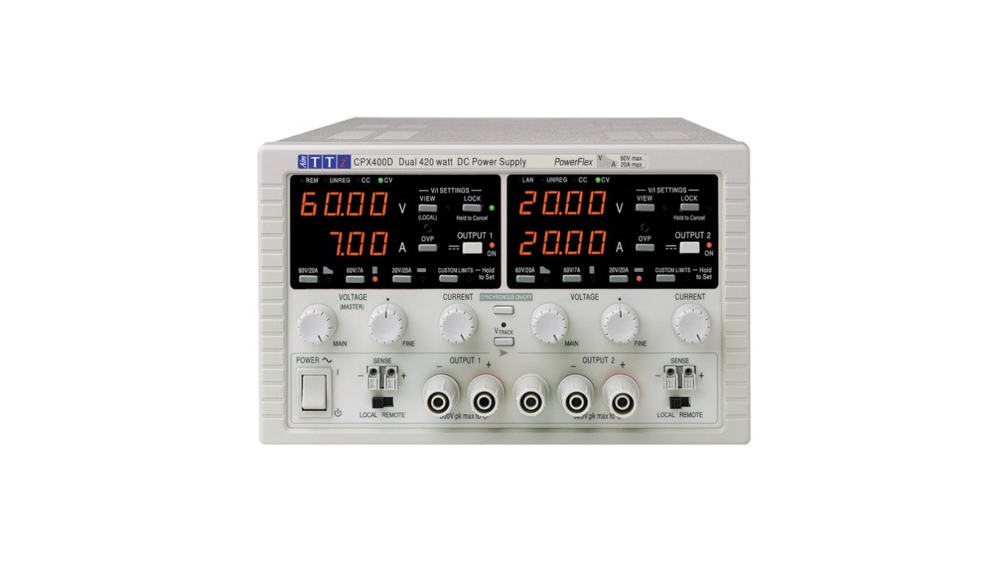 Fuente de alimentación Aim-TTi CPX400D, calibrado UKAS, 2 salidas, 0 → 60V, 0 → 20A, 840W