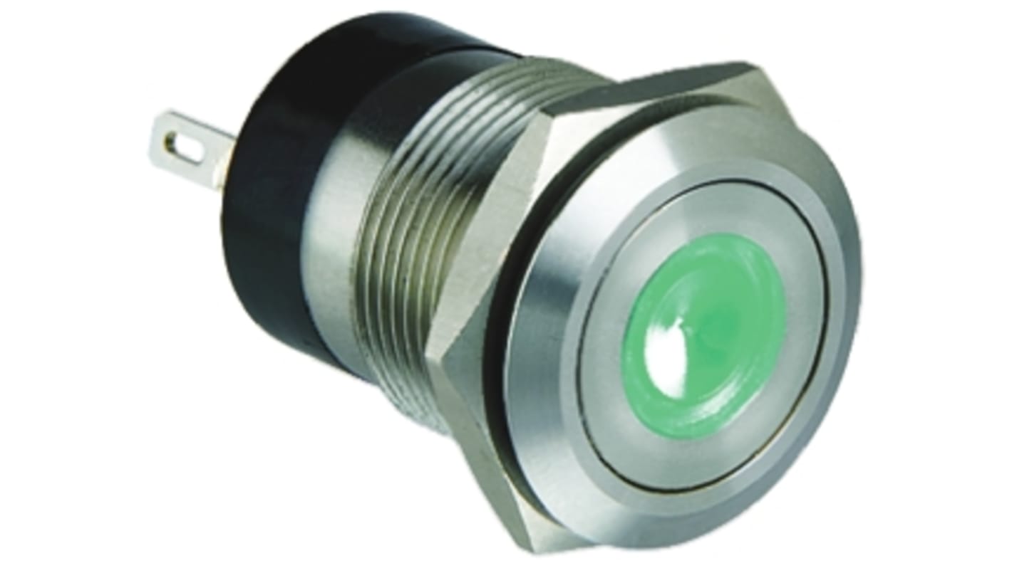 Bulgin MPI001 Series Illuminated Push Button Switch, Momentary, Panel Mount, 19.2mm Cutout, SPST, Green LED, IP66