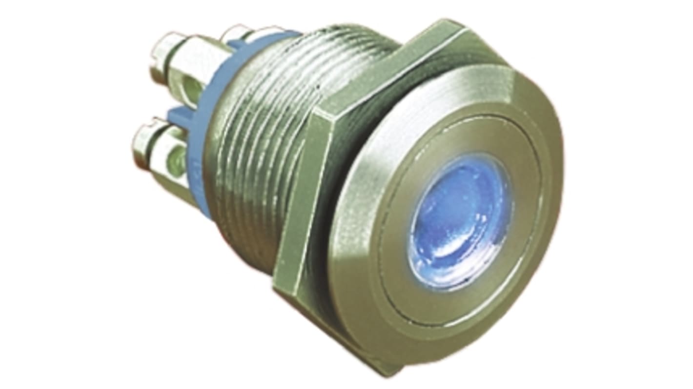Bulgin MPI001 Series Illuminated Push Button Switch, Momentary, Panel Mount, 19.2mm Cutout, SPST, Blue LED, 24V dc, IP66