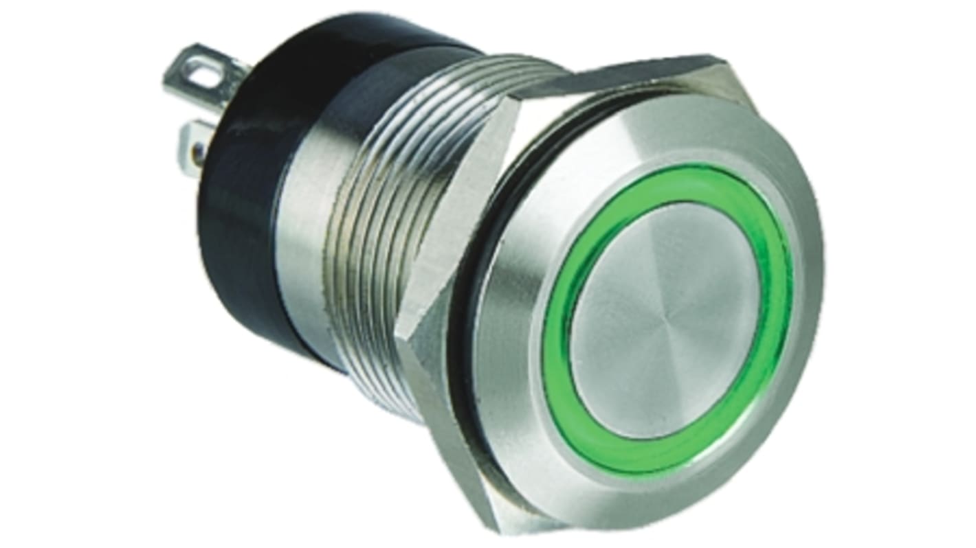 Bulgin MPI002 Series Illuminated Push Button Switch, Momentary, Panel Mount, 19.2mm Cutout, SPST, Green LED, 24V dc,
