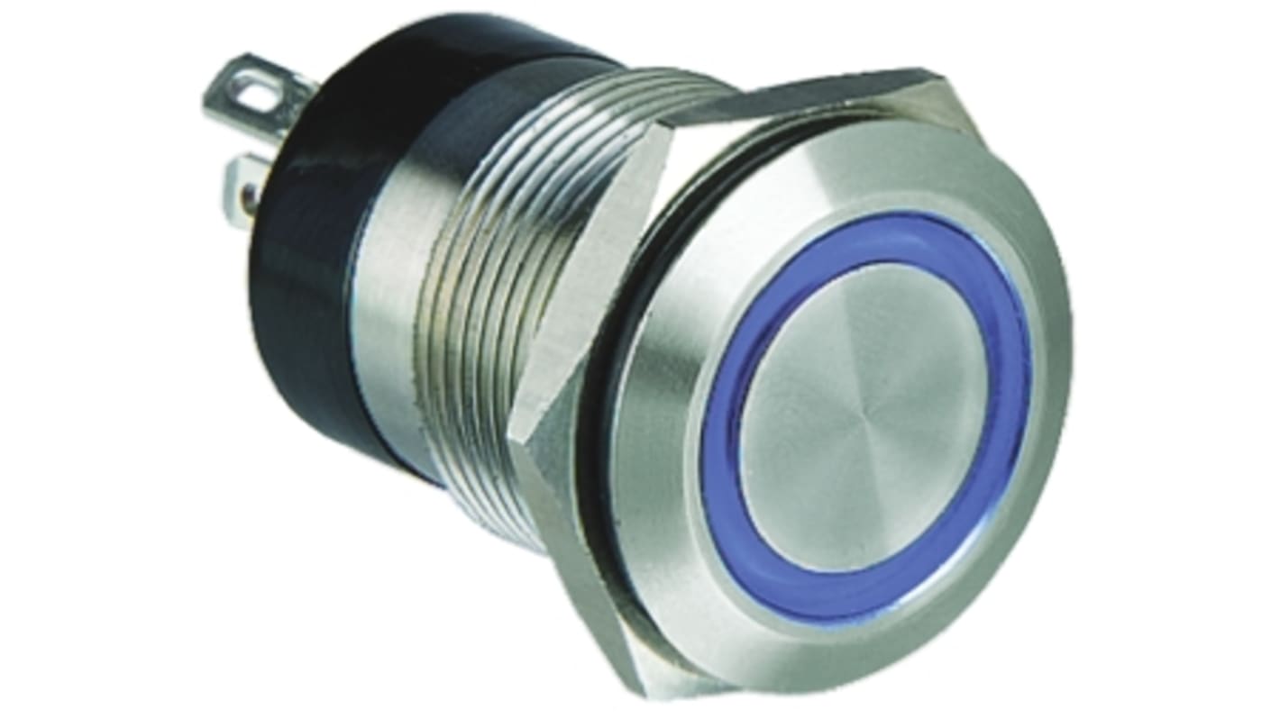 Bulgin MPI002 Series Illuminated Push Button Switch, Momentary, Panel Mount, 19.2mm Cutout, SPST, Blue LED, 6V dc, IP66