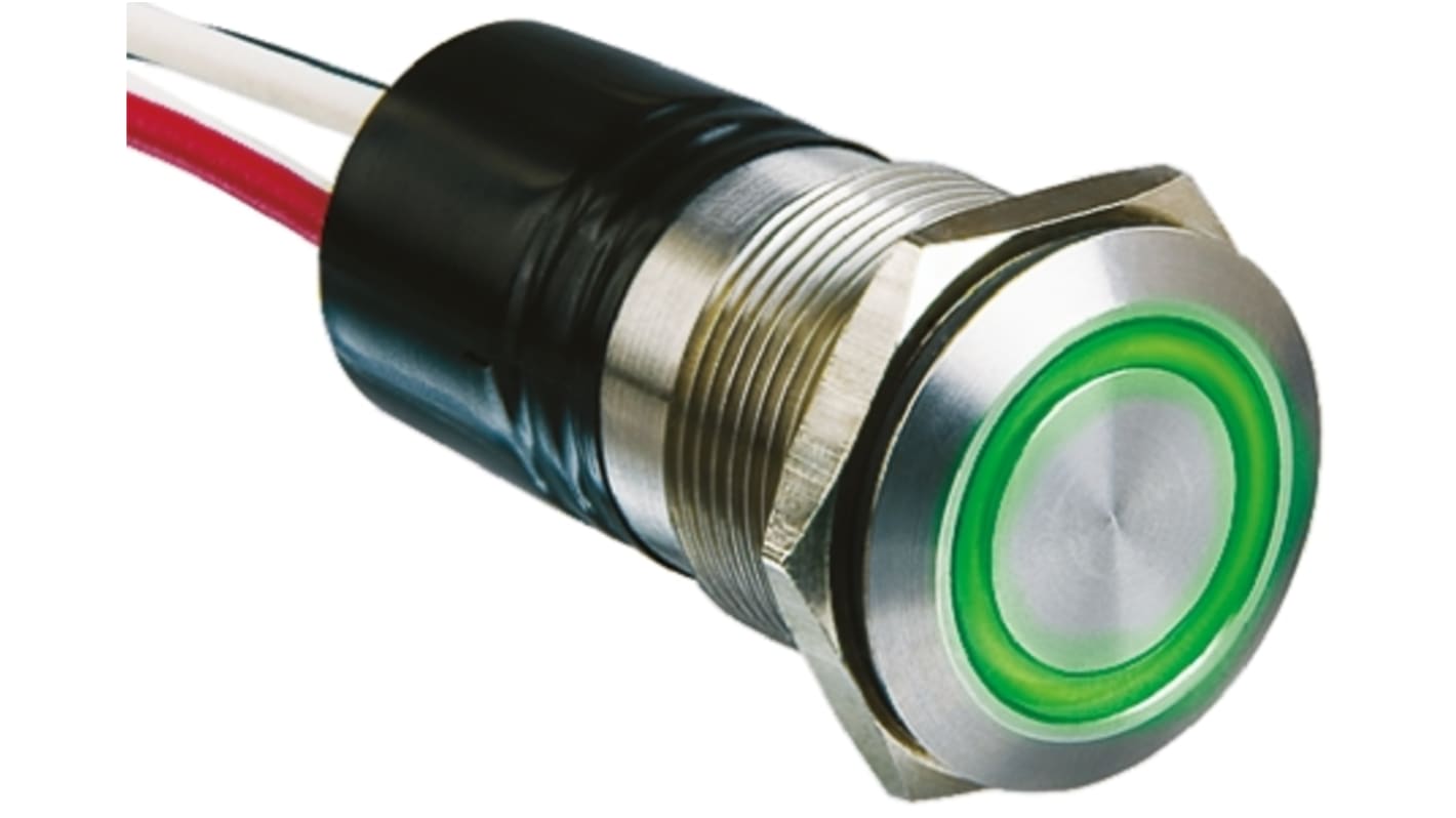 Bulgin MPI002 Series Illuminated Push Button Switch, Momentary, Panel Mount, 19.2mm Cutout, SPST, Green LED, 24V dc,