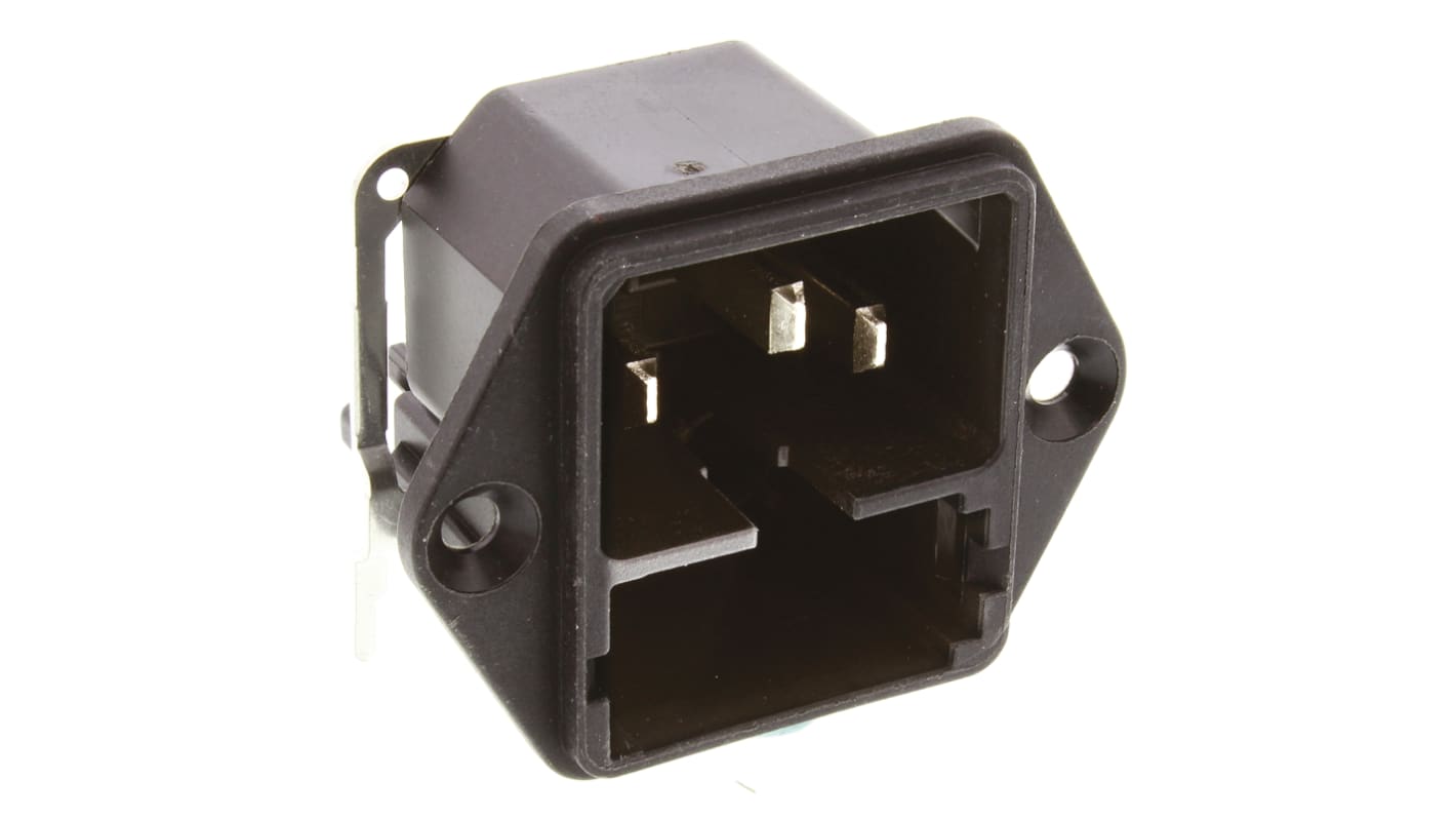 Conector IEC C14 macho Schurter, Ángulo de 90° , Montaje en Panel, 250 V, 10A, con 2 fusibles de 5 x 20mm, con