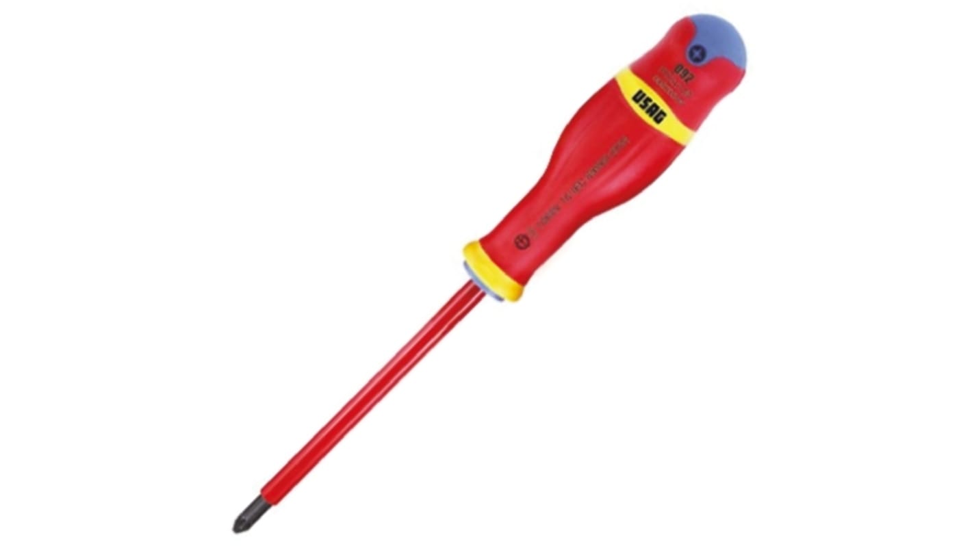 Usag Phillips, Pozidriv Insulated Screwdriver, PZ2 Tip, 125 mm Blade, VDE/1000V, 245 mm Overall