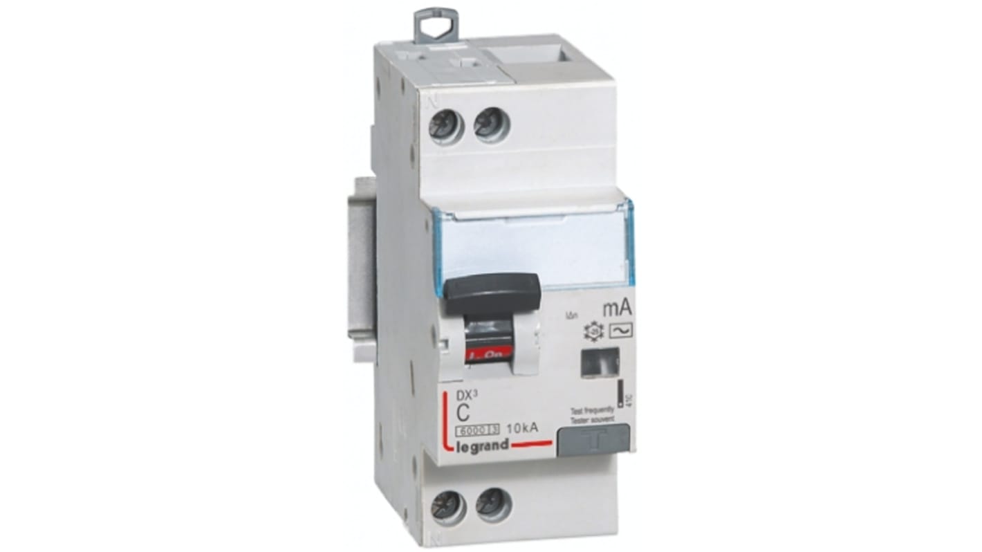 Legrand RCD Switch, 10A Current Rating, 1P+N Poles, 30mA Trip Sensitivity, Type C, DX Range