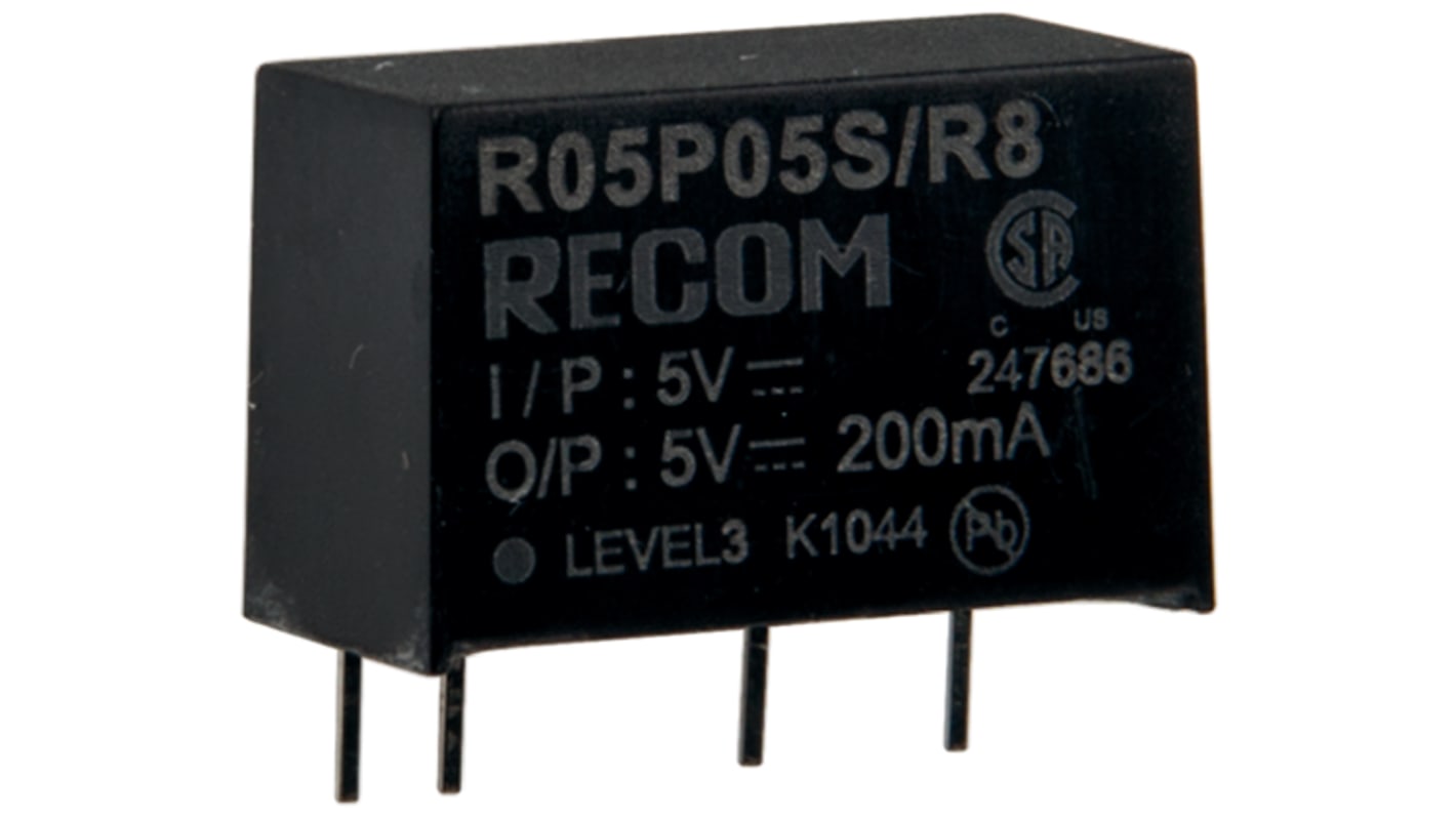 Recom Isolated DC-DC Converter, 15V dc/ 66mA Output, 4.5 → 5.5 V dc Input, 1W, Through Hole, +85°C Max Temp